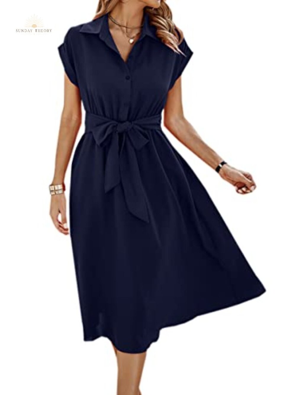 Casual Midi Dress V Neck Short Sleeve Button Belted Shirt Dress with Pockets